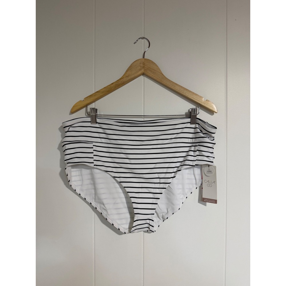 CALIA Swim Boyshort XXL White Black Coastal Stripe Mid-Rise UPF 50+